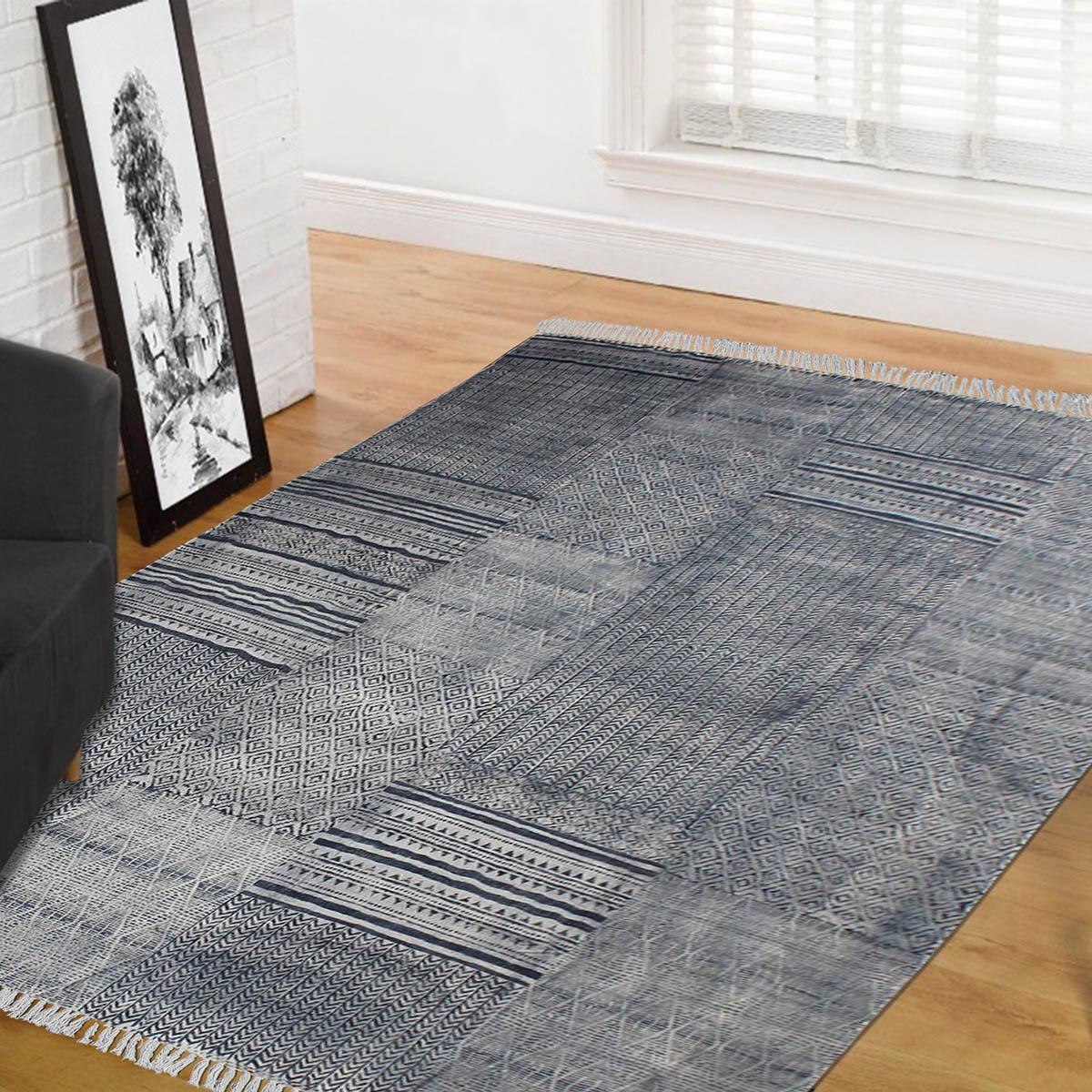 Hand Block Print Abstract Home Decor Blue Cotton Rug - Indian Rug Store