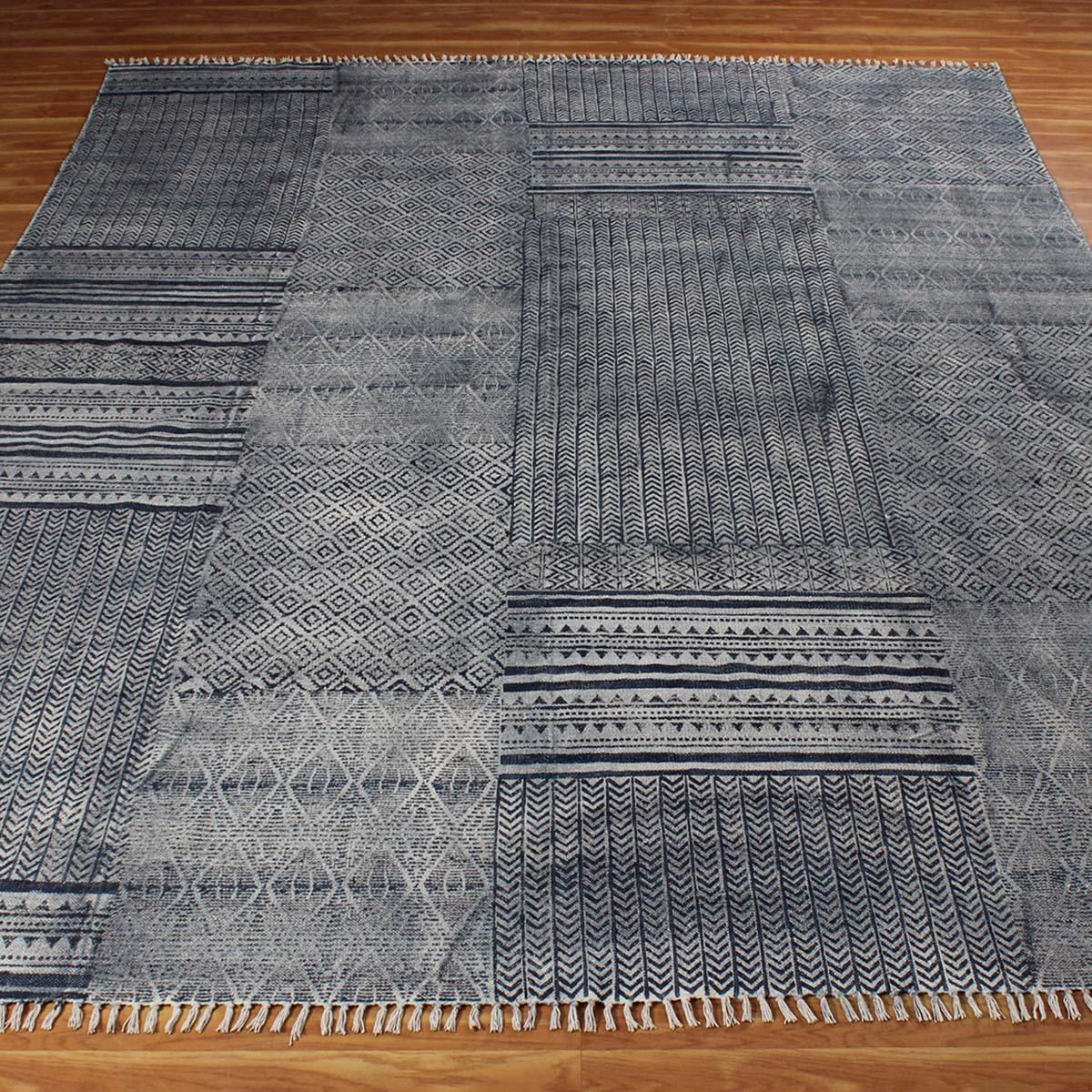 Hand Block Print Abstract Home Decor Blue Cotton Rug - Indian Rug Store