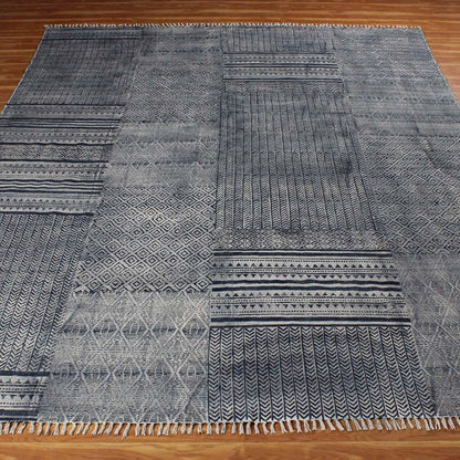 Hand Block Print Abstract Home Decor Blue Cotton Rug - Indian Rug Store