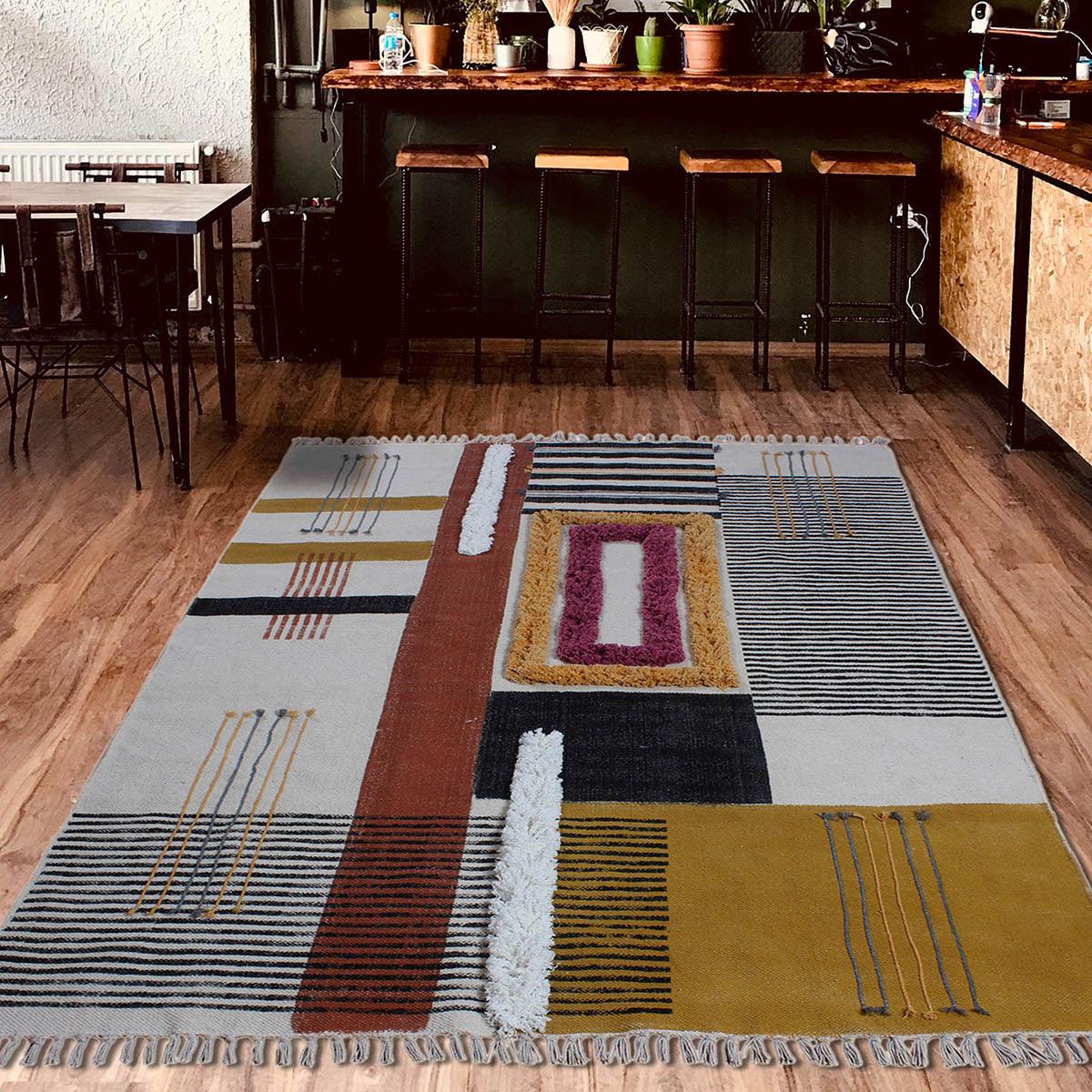 Hand Tufted Geometric Brown Yellow Home Decor Cotton Dhurries - Indian Rug Store