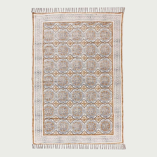 Hand Block Print Geometric Home Decor Blue Brown Cotton Rug - Indian Rug Store