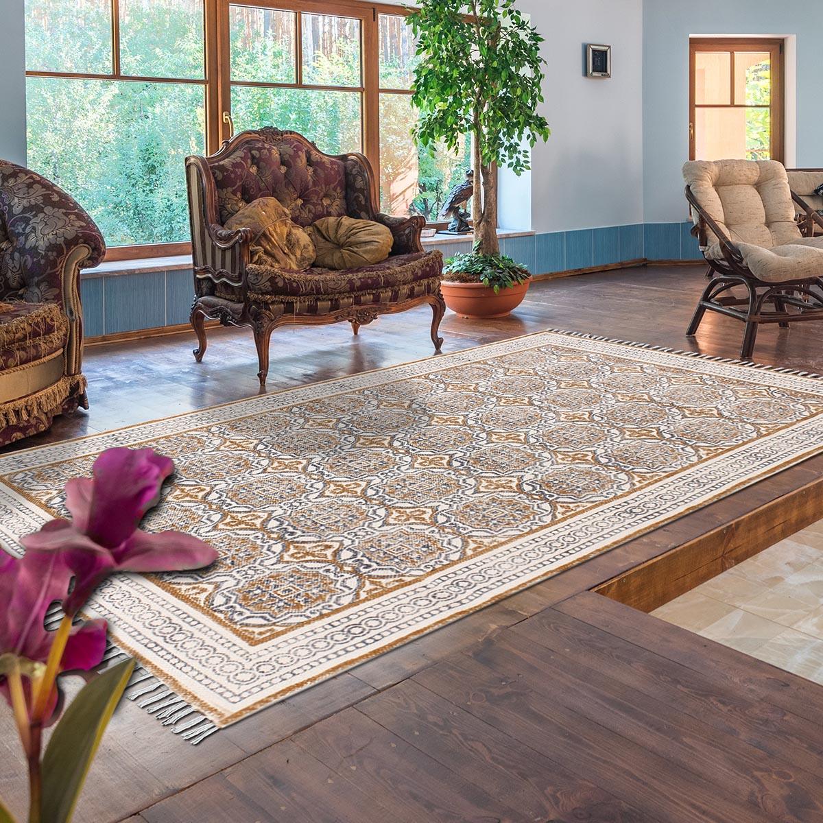 Hand Block Print Geometric Home Decor Blue Brown Cotton Rug - Indian Rug Store