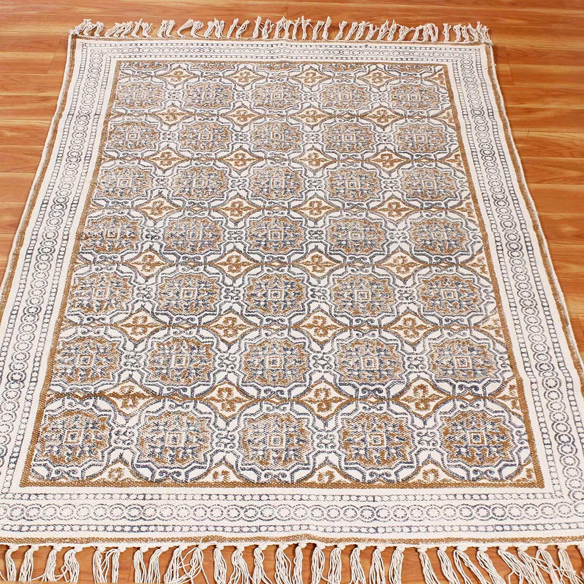 Hand Block Print Geometric Home Decor Blue Brown Cotton Rug - Indian Rug Store