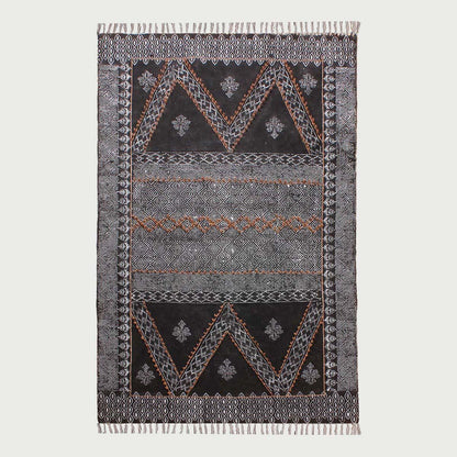 Black Gray Embellishment Work Geometric Cotton Rug - Indian Rug Store