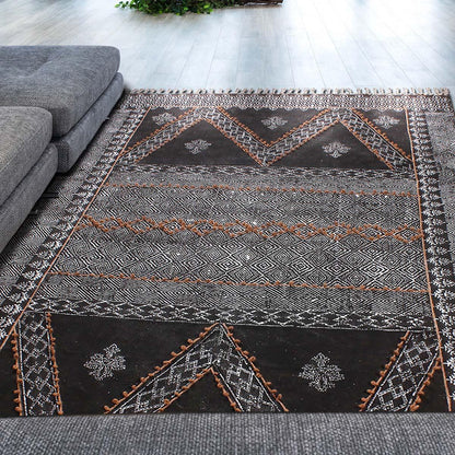 Black Gray Embellishment Work Geometric Cotton Rug - Indian Rug Store