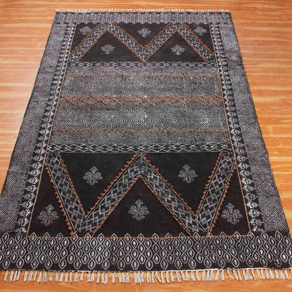 Black Gray Embellishment Work Geometric Cotton Rug - Indian Rug Store