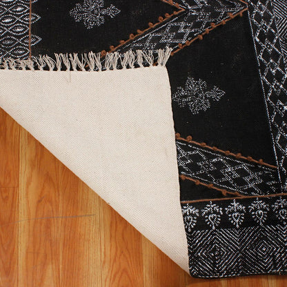 Black Gray Embellishment Work Geometric Cotton Rug - Indian Rug Store