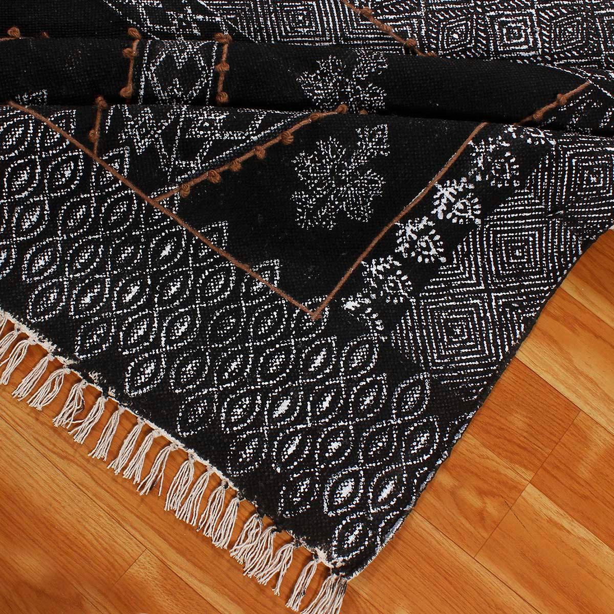 Black Gray Embellishment Work Geometric Cotton Rug - Indian Rug Store