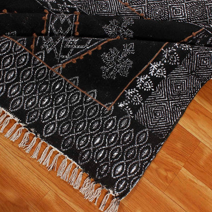 Black Gray Embellishment Work Geometric Cotton Rug - Indian Rug Store