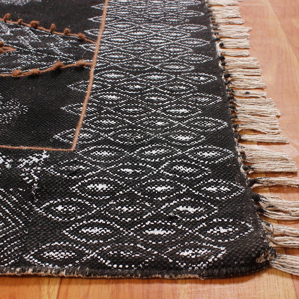 Black Gray Embellishment Work Geometric Cotton Rug - Indian Rug Store