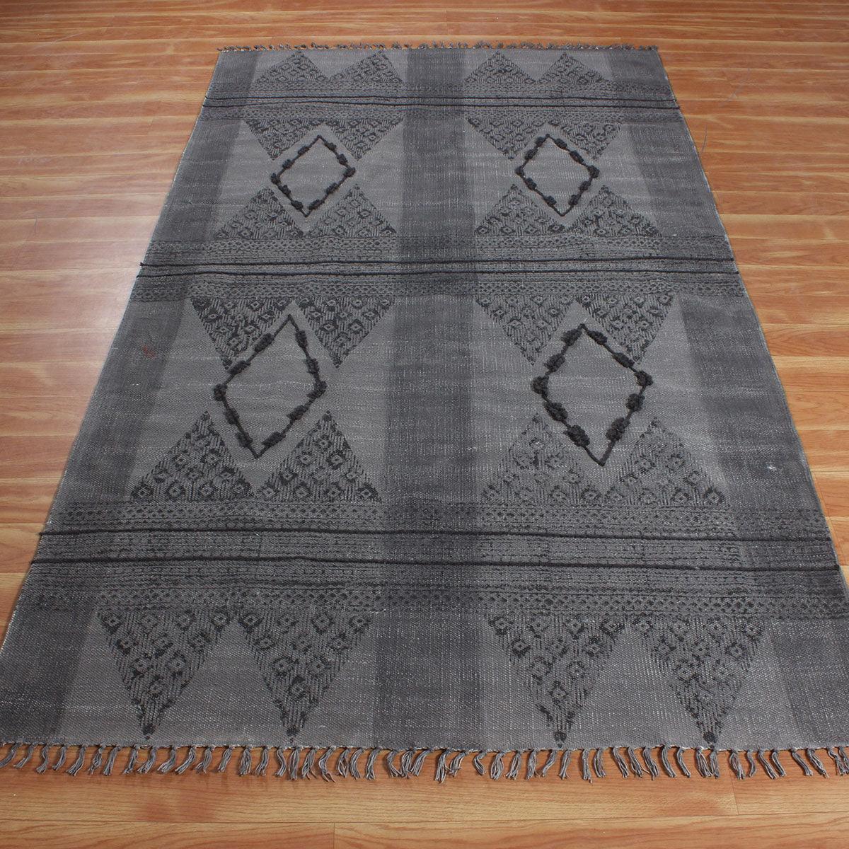 Moroccan Hand Tufted Work Gray Black Cotton Rug - Indian Rug Store