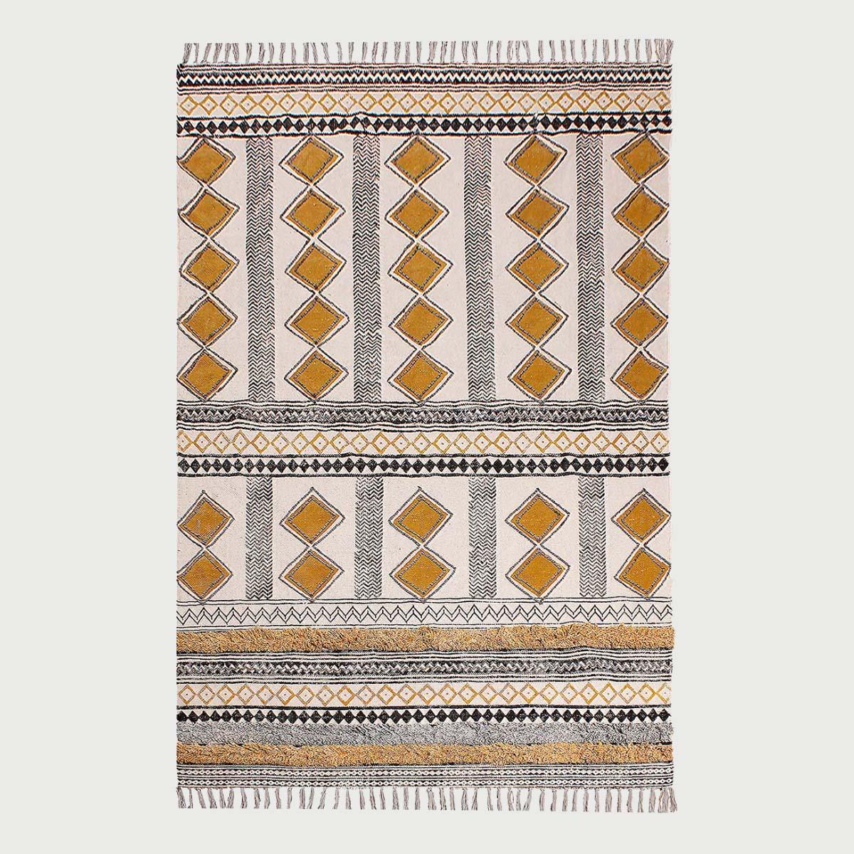 Golden Beige Hand Tufted Work Geometric Cotton Rug - Indian Rug Store