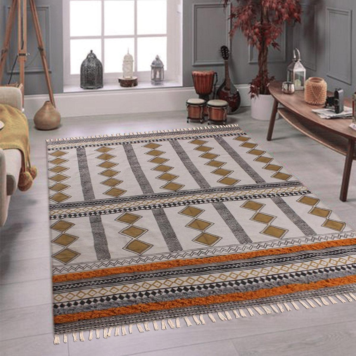 Golden Beige Hand Tufted Work Geometric Cotton Rug - Indian Rug Store