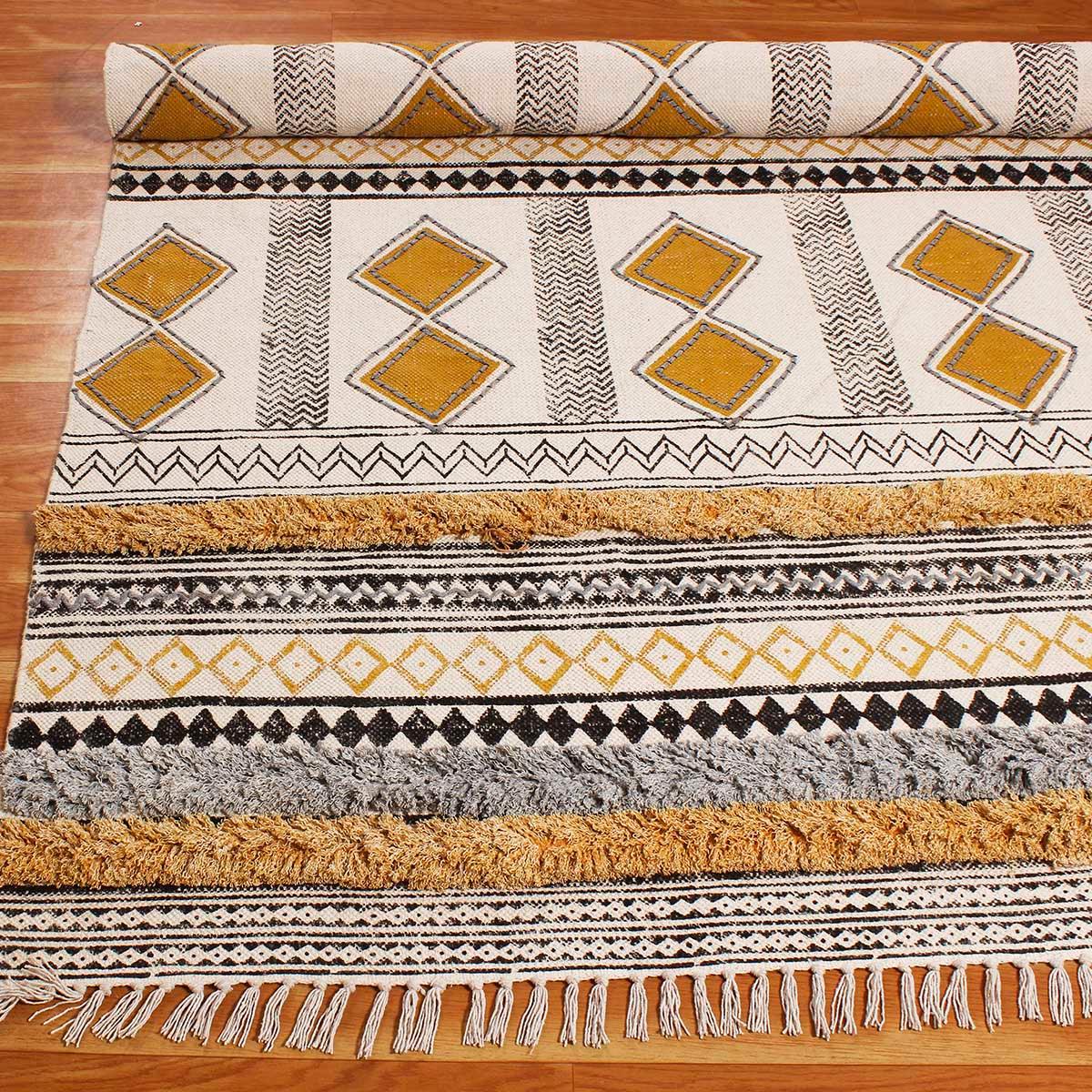 Golden Beige Hand Tufted Work Geometric Cotton Rug - Indian Rug Store