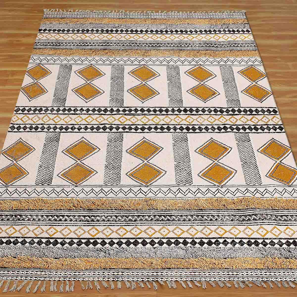 Hand Block Printed Yellow Home Decor Cotton Dhurries