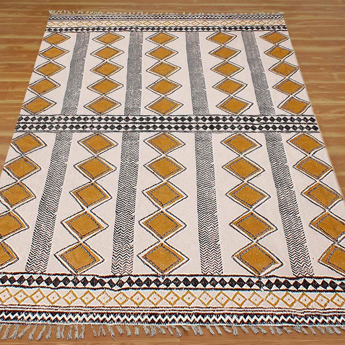 Hand Block Printed Beige Sea House Cotton Dhurries