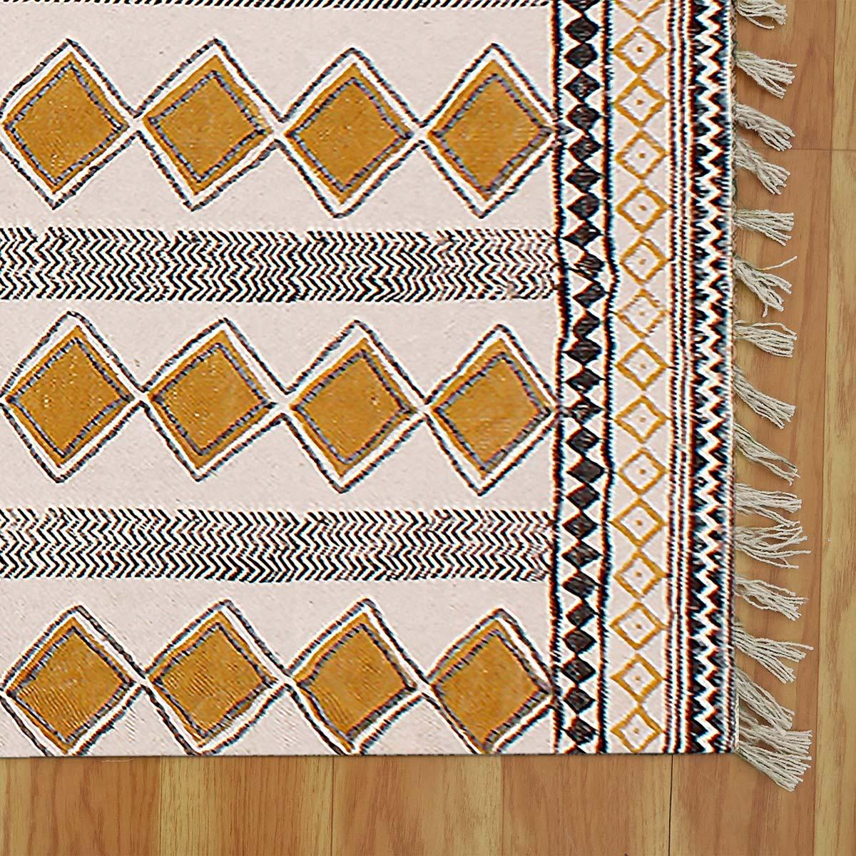 Hand Block Printed Beige Sea House Cotton Dhurries