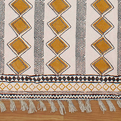 Hand Block Printed Beige Sea House Cotton Dhurries