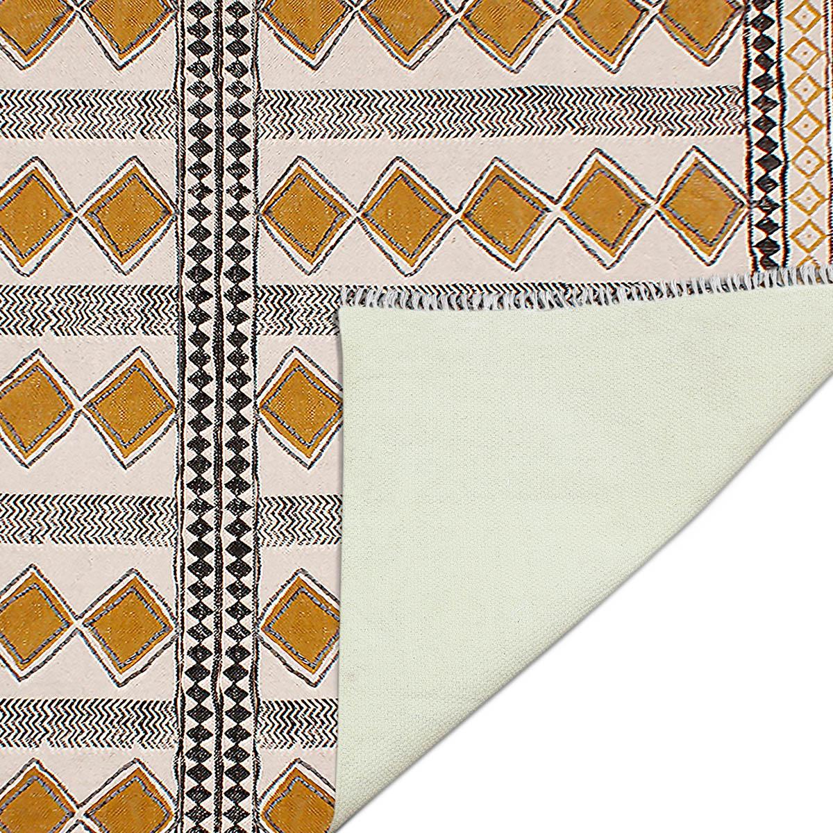 Hand Block Printed Beige Sea House Cotton Dhurries