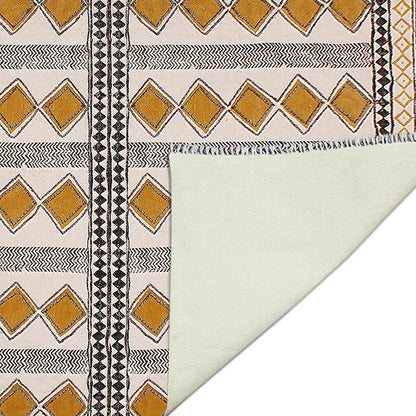 Hand Block Printed Beige Sea House Cotton Dhurries