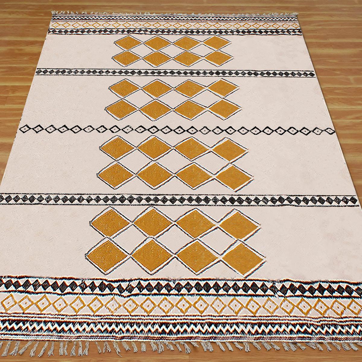 Hand Block Printed Beige Cotton Dhurries Entry Way