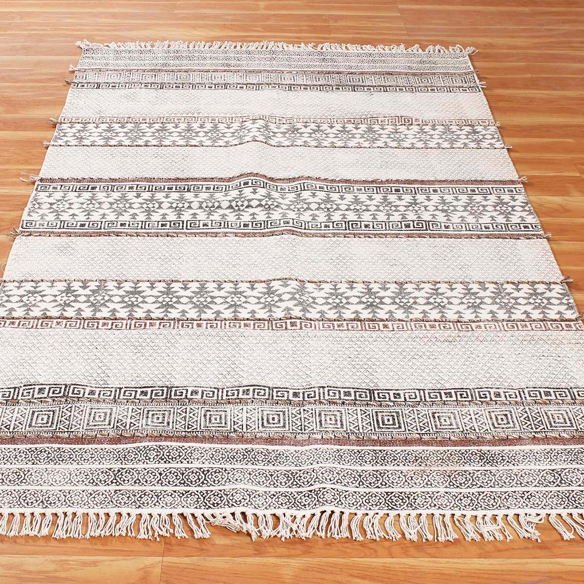 Gray Black Thread Work Striped Farmhouse Cotton Rug - Indian Rug Store