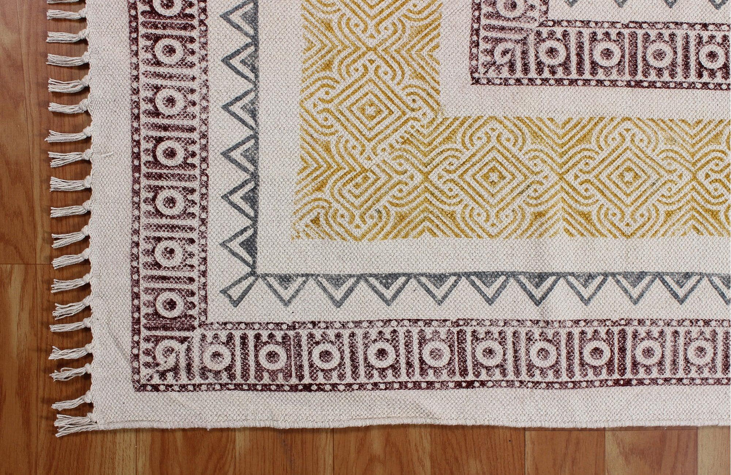 Yellow Hand Block Printed Sea House Cotton Dhurries