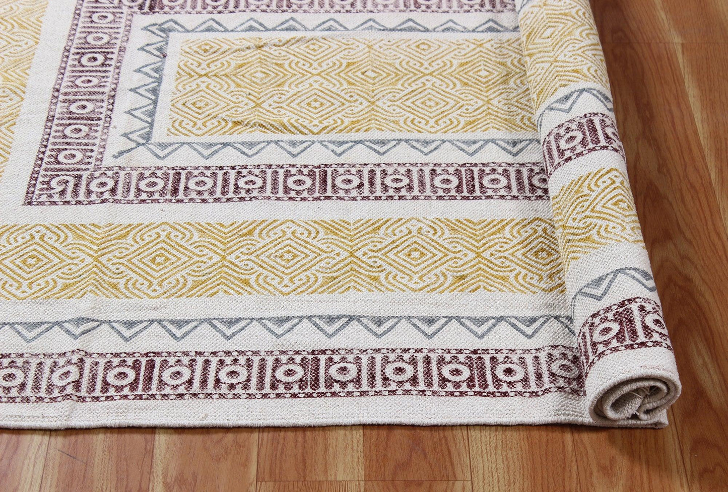 Yellow Hand Block Printed Sea House Cotton Dhurries