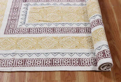 Yellow Hand Block Printed Sea House Cotton Dhurries