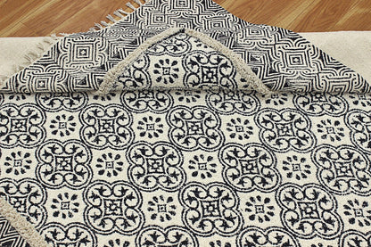 Cotton Dhurrie Entry Way Beige Hand Block Printed