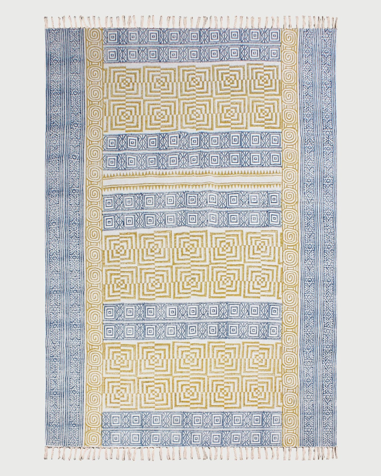 Hand Block Printed Yellow Home Decor Cotton Dhurries