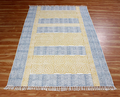 Hand Block Printed Yellow Home Decor Cotton Dhurries