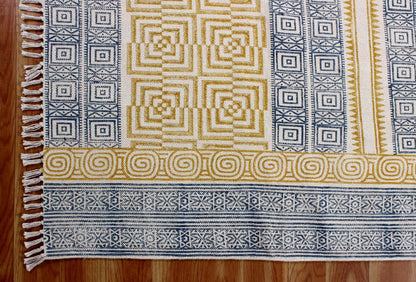 Hand Block Printed Yellow Home Decor Cotton Dhurries