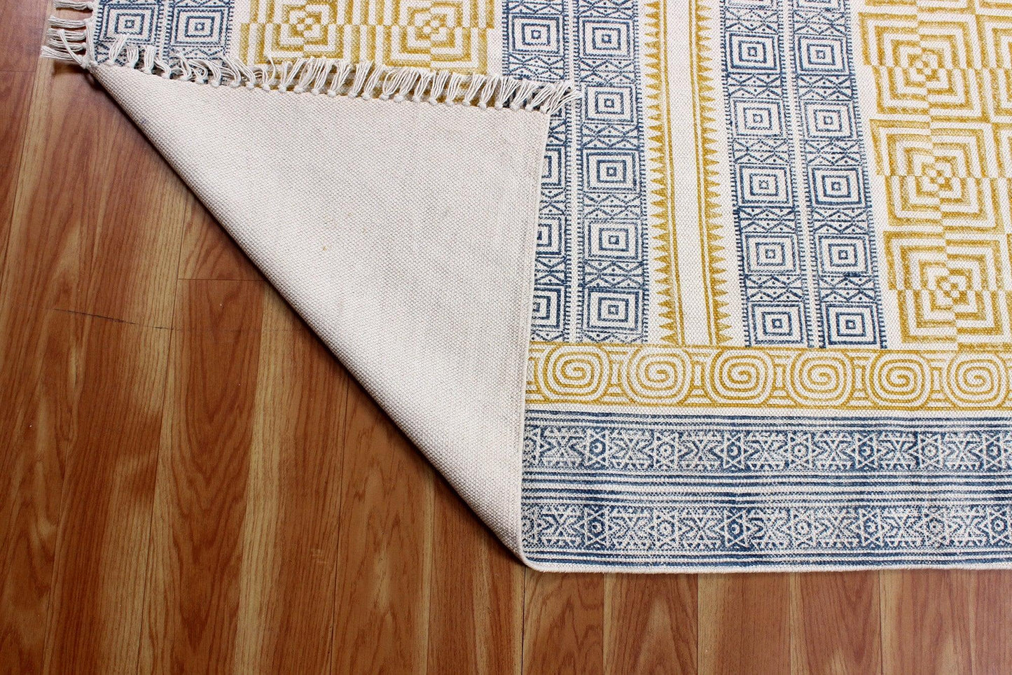 Hand Block Printed Yellow Home Decor Cotton Dhurries