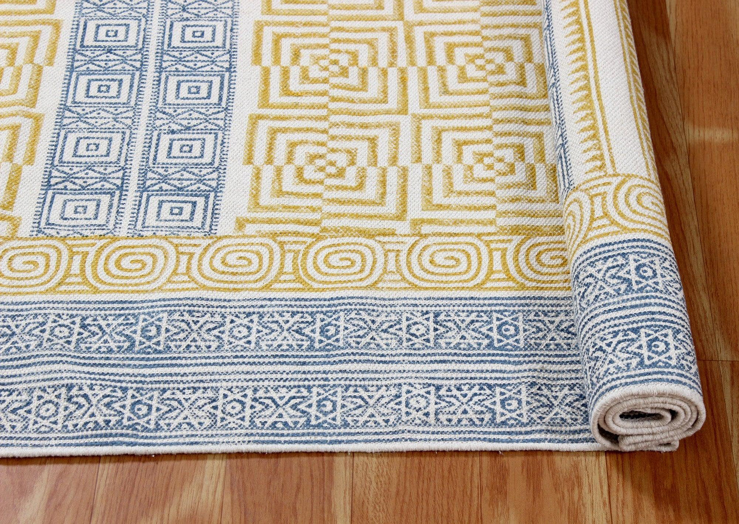 Hand Block Printed Yellow Home Decor Cotton Dhurries