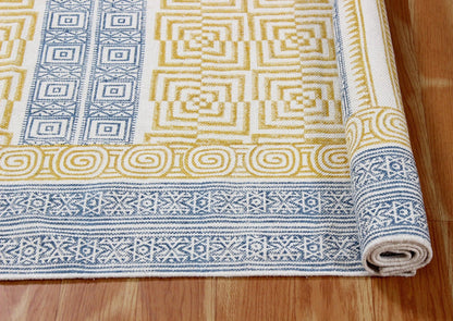 Hand Block Printed Yellow Home Decor Cotton Dhurries