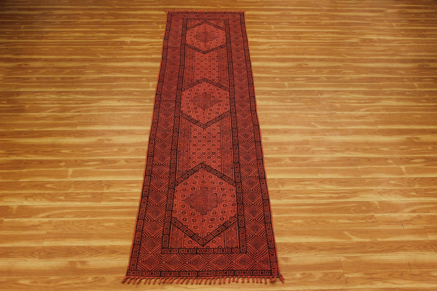 Red Hand Block Printed Hallway Cotton Dhurrie