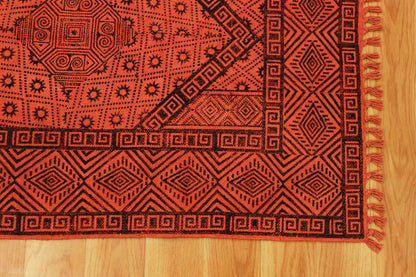 Red Hand Block Printed Hallway Cotton Dhurrie