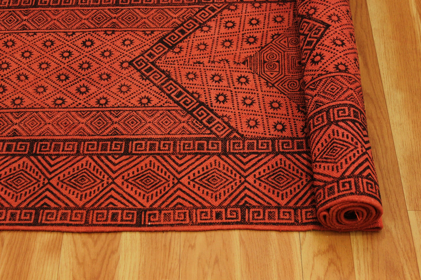 Red Hand Block Printed Hallway Cotton Dhurrie