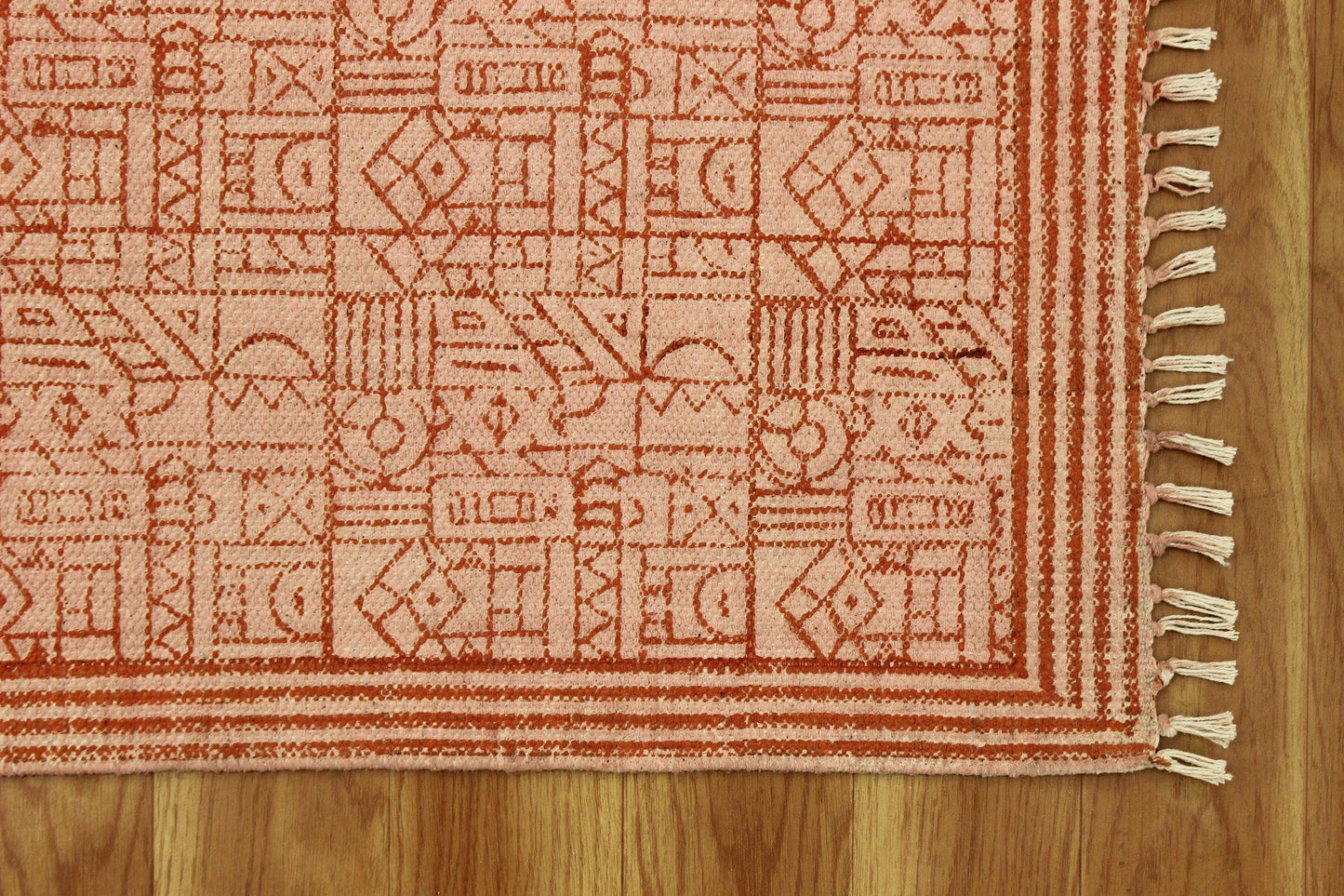 Orange Hand Block Printed Sea House Cotton Dhurrie