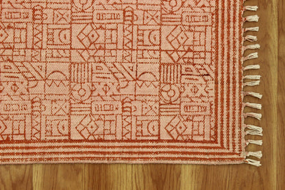 Orange Hand Block Printed Sea House Cotton Dhurrie