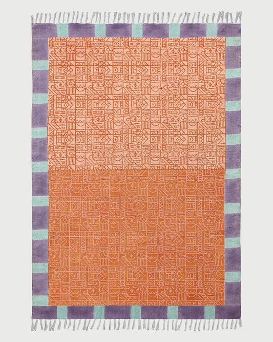 Hand Block Printed Hallway Orange Cotton Dhurrie