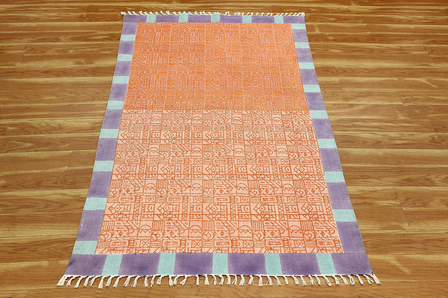 Hand Block Printed Hallway Orange Cotton Dhurrie