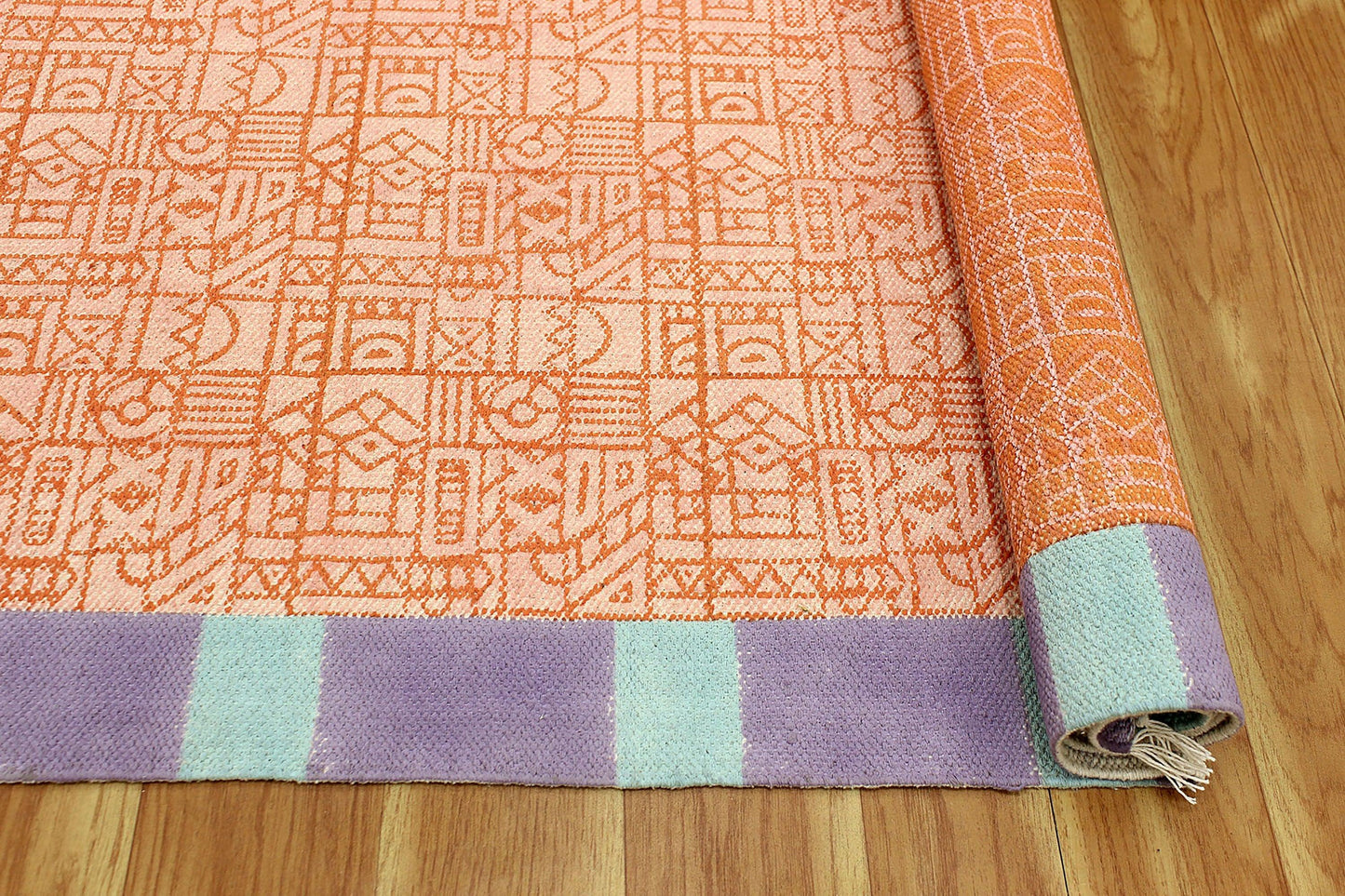 Hand Block Printed Hallway Orange Cotton Dhurrie