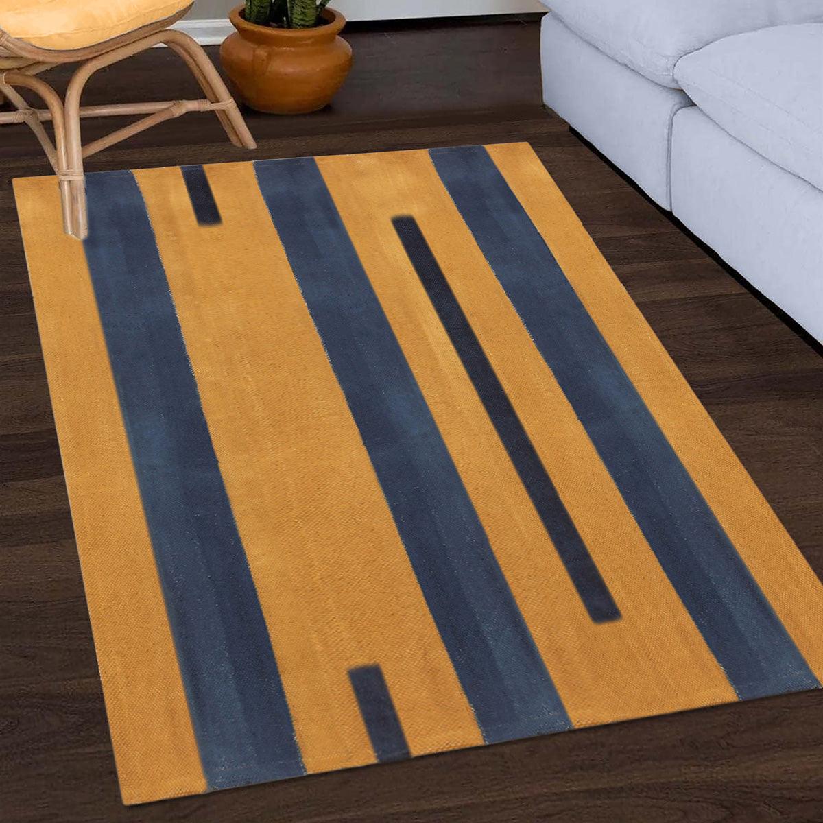 Thread Work Geometric Yellow Blue Entry Way Cotton Dhurries - Indian Rug Store