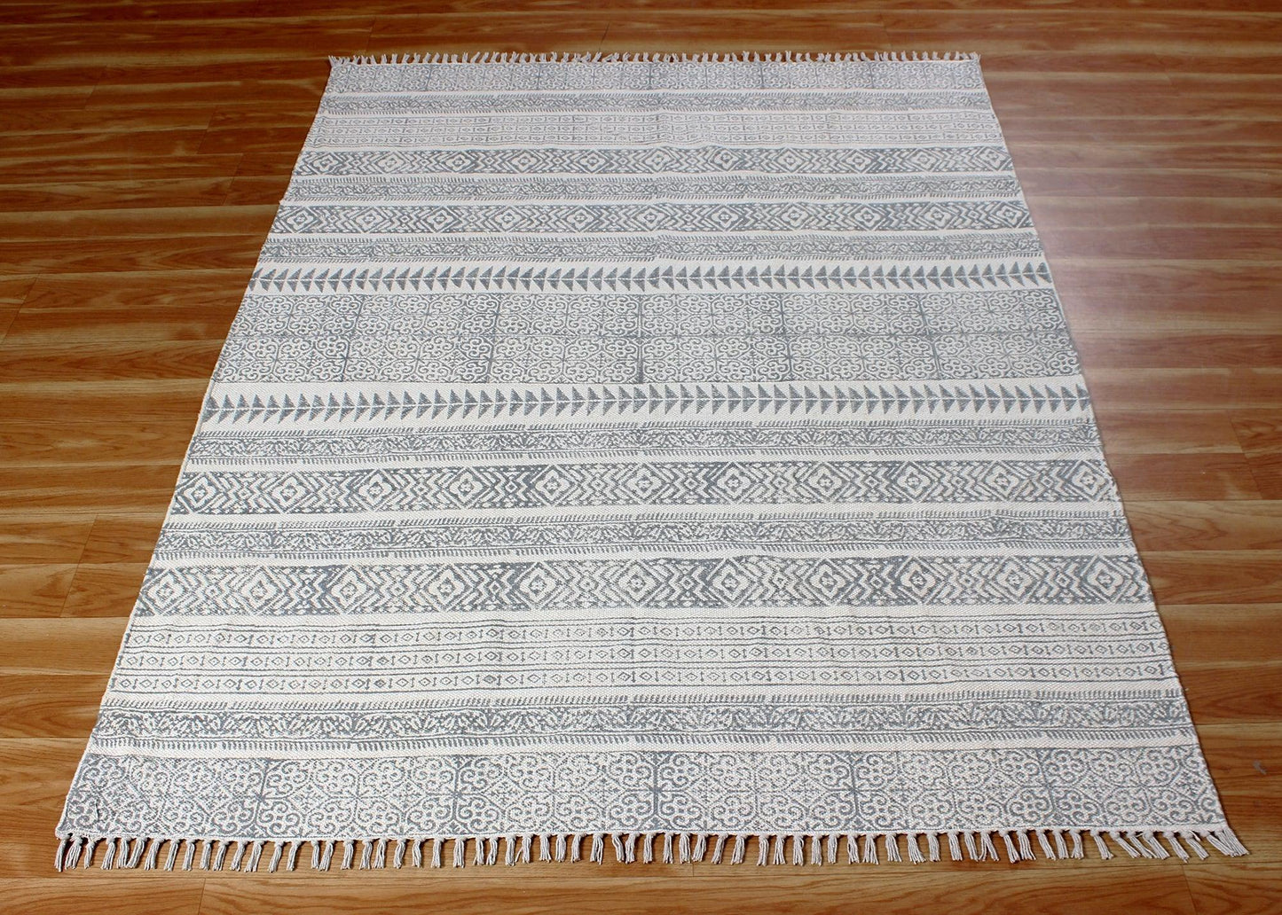 Gray Hand Block Printed Interior Cotton Dhurries