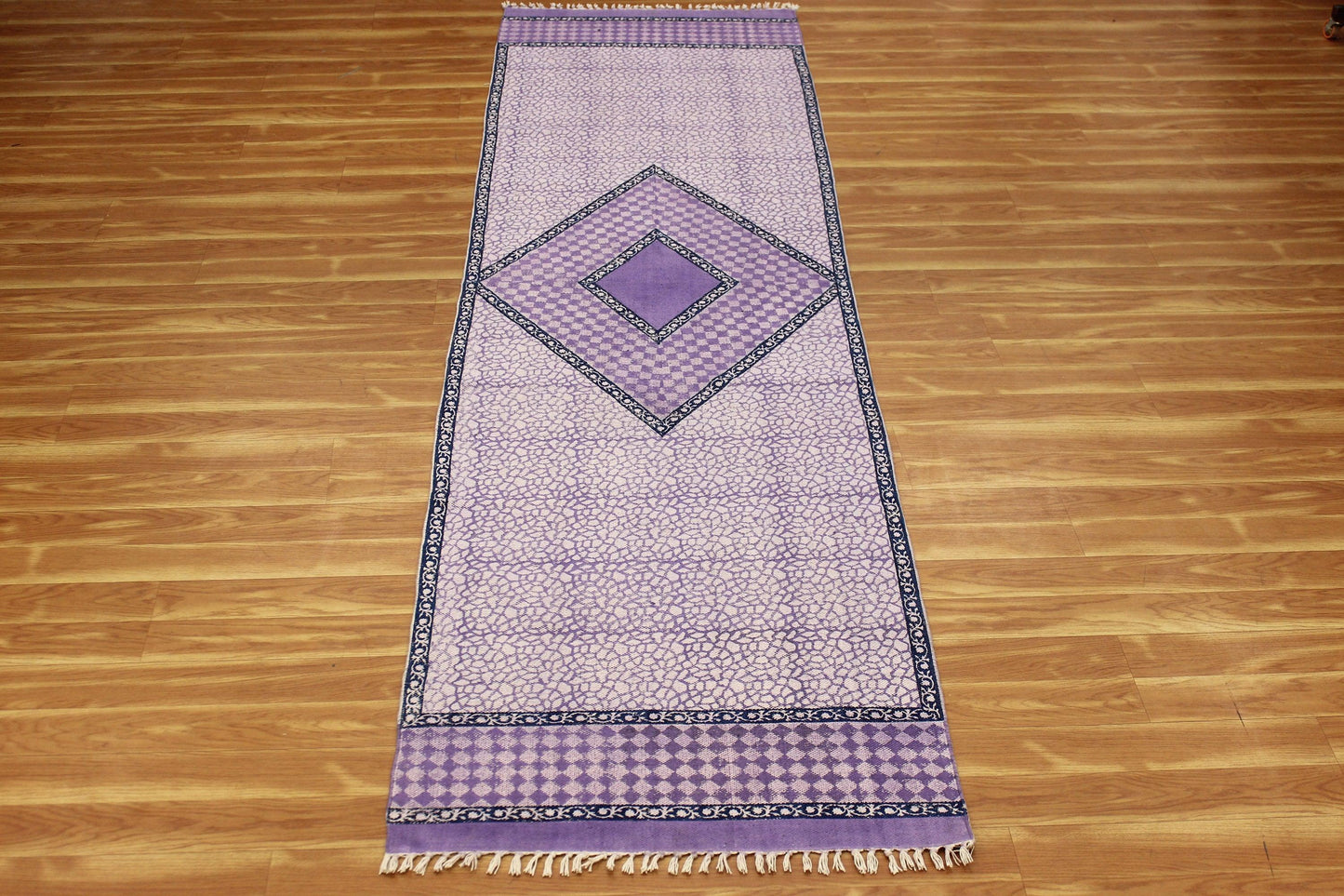 Purple Hand Block Printed Living Room Cotton Dhurrie