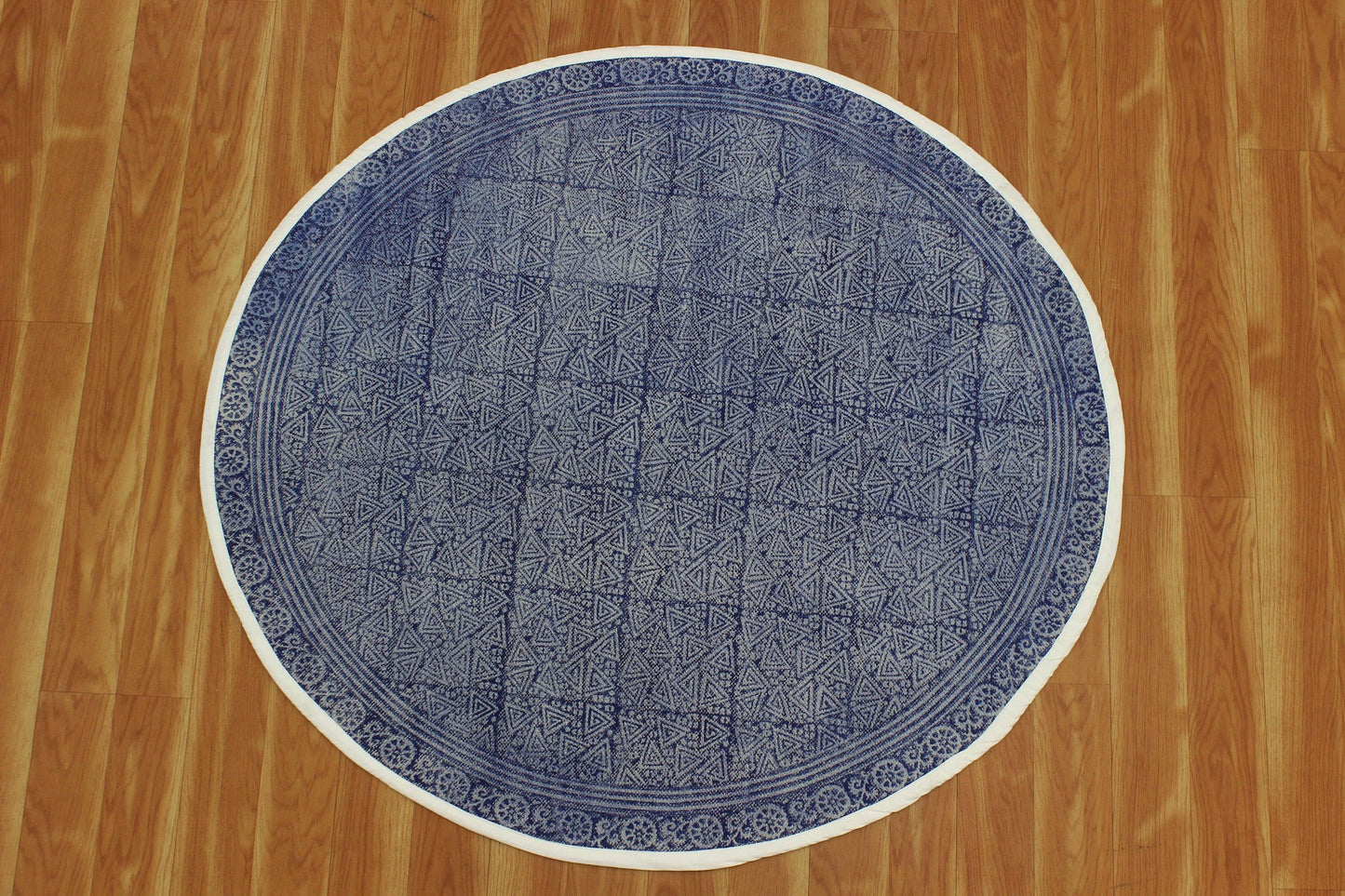 Hand Block Printed Blue Entry Way Round Cotton Dhurrie