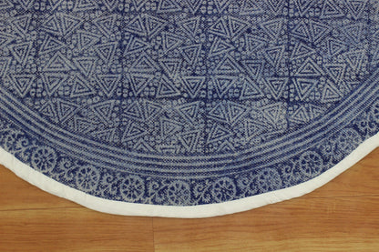 Hand Block Printed Blue Entry Way Round Cotton Dhurrie