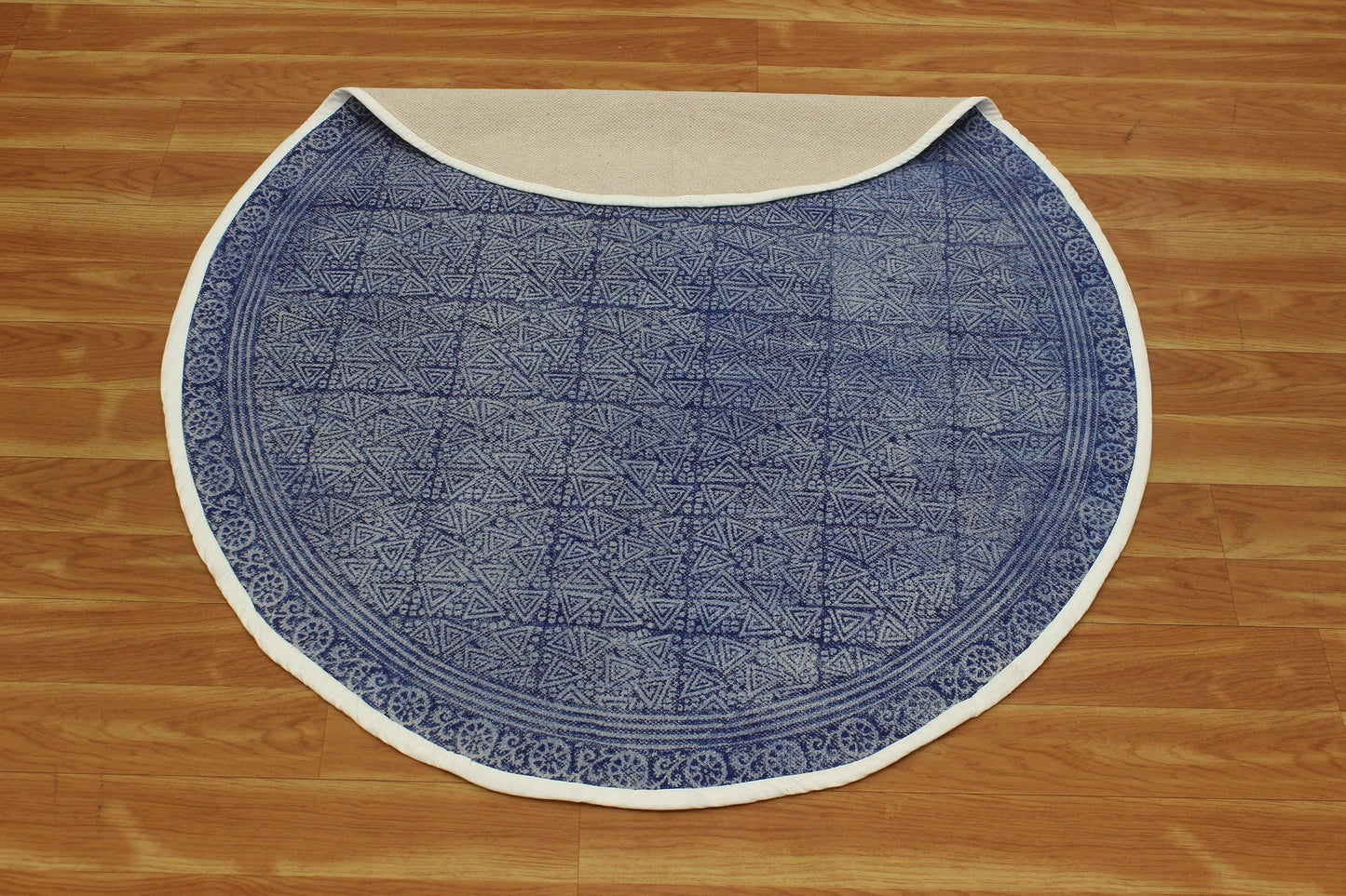 Hand Block Printed Blue Entry Way Round Cotton Dhurrie